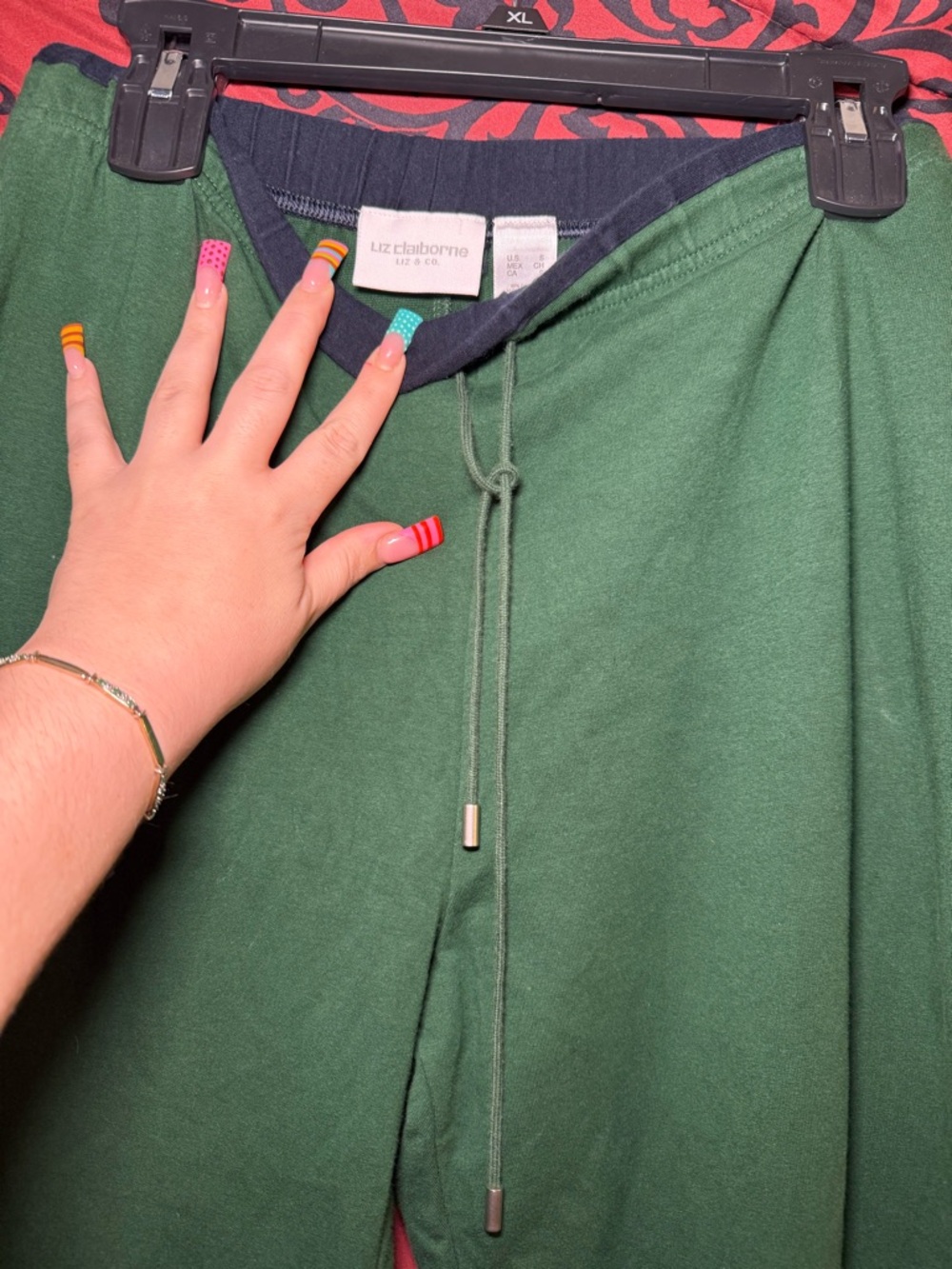 Vintage Liz Claiborne Forest Green Sweatpants with Navy Waistband & Patchwork